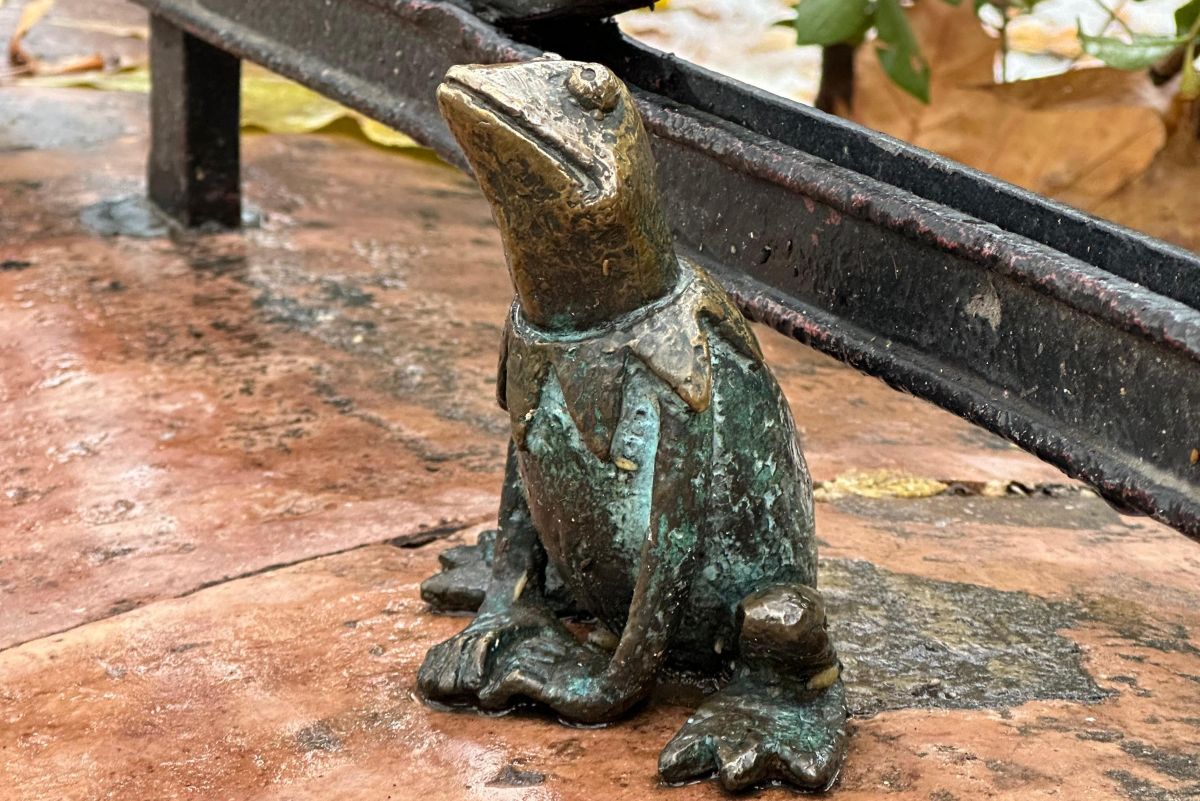 Mini estatua Rana Gustavo. En la plaza Szabadság junto a la antigua sede de la Televisión Húngara del artista Mihály Kolodko.