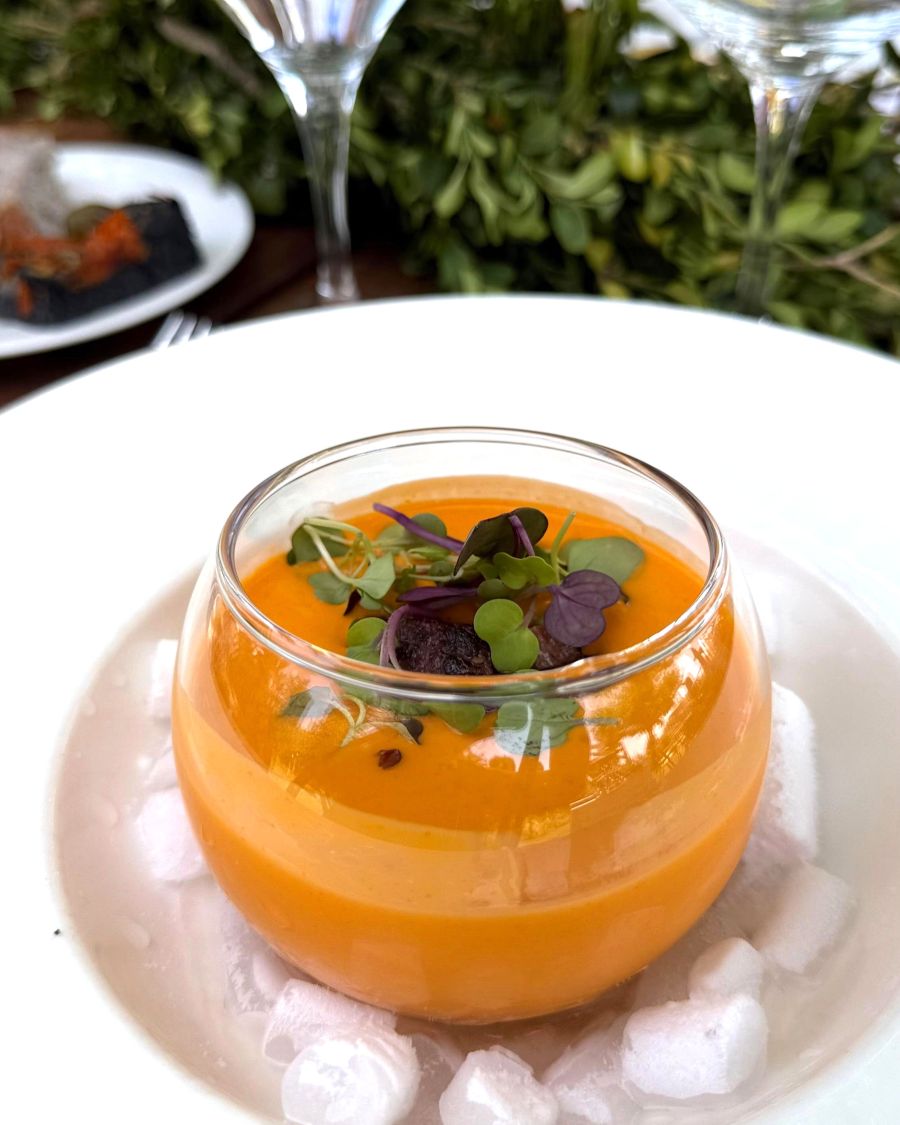 Salmorejo Nitro con Tataki de Atún. El Laurel Catering en un evento en la finca Aal Cachucho