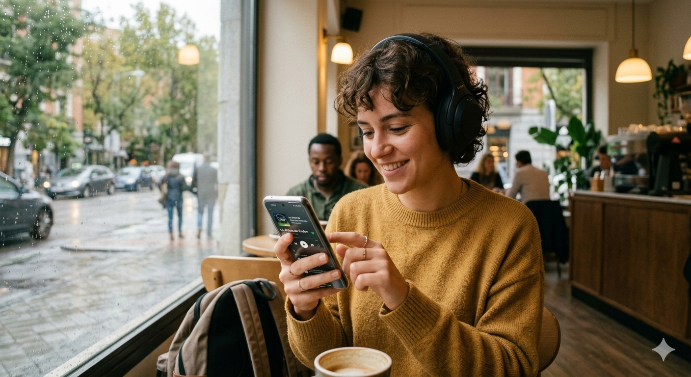 "Mujer joven escuchando un podcast en una cafetería con auriculares"