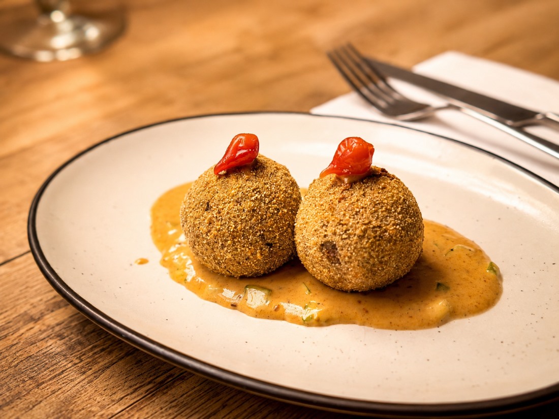Boudin Balls, bolitas de carne y arroz crujientes servidas con salsa picante.
